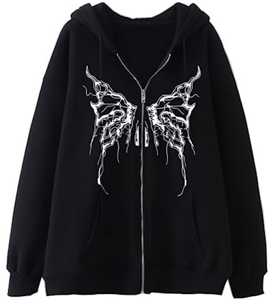 SHINsuke Män kvinnor Y2K fjäril dragkedja huvtröja grunge gotisk emo jacka med huva punk skelett sweatshirt streetwear altkläder, Svart 2, L