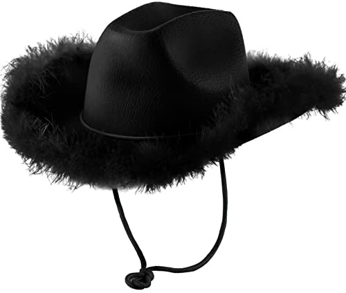 Cowboyhut Pink für Damen Western Filz Cowboyhut breite Krempe flauschige Hut für Hochzeit Erwachsene Einfarbig Pelzbesatz Breite Krempe Hut mit Federn Geburtstag Party Dress Up