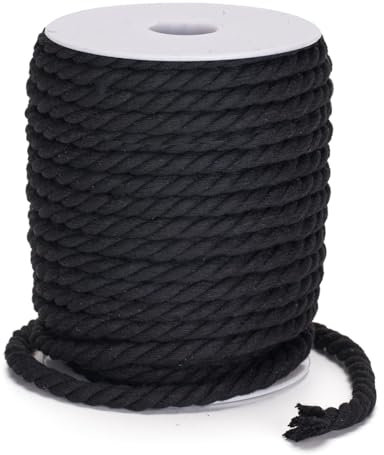 KINGLAKE Hilo de macramé de 8 mm, cordón de algodón de 18 m, cordón de macramé negro de 8 mm, cordón de algodón, cuerda trenzada gruesa, cuerda de algodón para manualidades, jardinería, embalaje