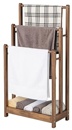 COSTWAY Portasciugamani in Legno da Terra a 3 Livelli per Bagno, Marrone | Porta Asciugamani con Mensola Inferiore, Dispositivo Anti-Ribaltamento, Supporto Leggero per Asciugamani da Lavanderia