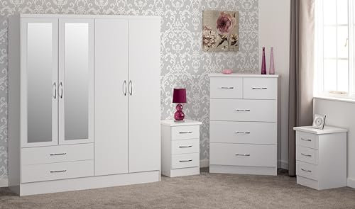 Seconique Nevada 4 Door 2 Drawer Wardrobe Bedroom Set in White Gloss