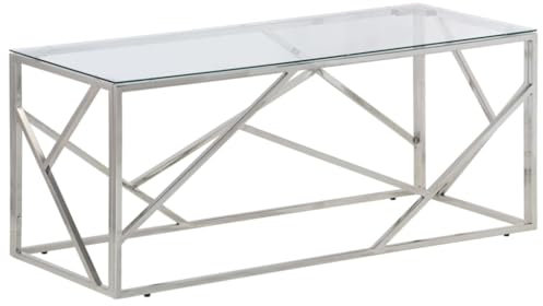 vidaXL Couchtisch, Beistelltisch mit Glasplatte, Sofatisch Tisch mit Edelstahlgestell, Pflegeleicht Kaffeetisch Teetisch, Silbern Edelstahl Hartglas