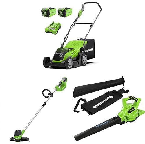 Bundle of Greenworks 40V 35cm Kabelloser Akku Rasenmäher G40LM35K2X + Greenworks 40V Akku Rasentrimmer G40LT + Greenworks GD40BV Akku Laubsauger / Laubbläser mit bürstenlosem Motor