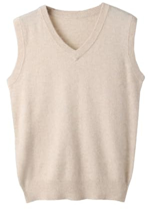 Gilet da uomo in cashmere primavera sciolto con scollo a V senza maniche maglione gilet panciotto in maglia, Beige, M