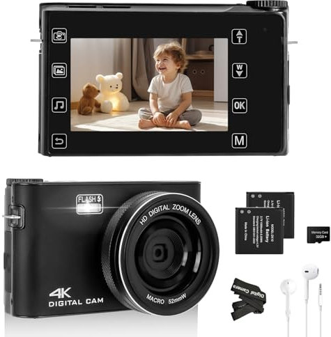 Cámara Digital 4K, Cámara Fotográfica Digital con Enfoque Automático de 64MP con Pantalla Táctil de 3.0'', Cámara Compacta UHD con Tarjeta SD 32 GB y Reproductor MP3, para Adolescentes Principiantes