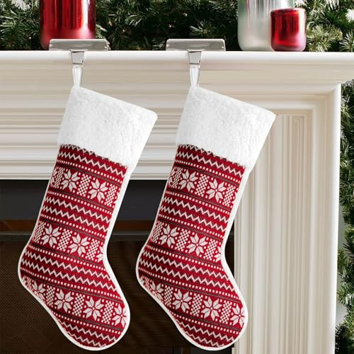 climafusion 2 Stück Nikolausstrumpf Gestricktes Design, Weihnachtsstrumpf 48cm groß, Nikolausstiefel zum befüllen, Deko Weihnachten Kamin Weihnachtsbaum, Rot