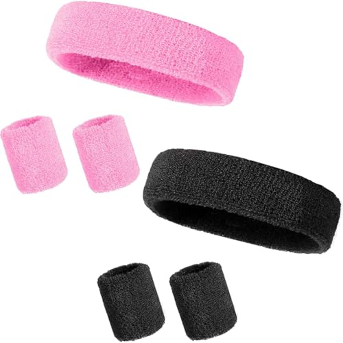 NJCXOLA 6 Pièces Bandeau Poignet Sport et Bracelet Sport Bracelet Poignet Eponge Bande Poignet Tennis Sweatband Anti-Sueur Headband pour Femmes Hommes Tennis Basketball Course