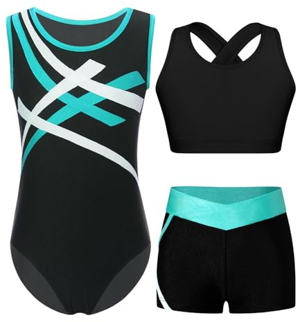 Jugaoge Mädchen Ärmellos Turnanzug Streifen Gymnastikanzug Stretch Tanzbody Leotard + Stretch Sport Shorts + Crop Top 3er Set Tanzoutfit Blau Grün 146-152