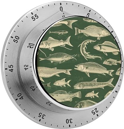 Kitchen Timers for Cooking,Retro Fish Printed Magnetic Mechanical Stainless Steel Timer for Cooking Fitness Baking Task Reminder