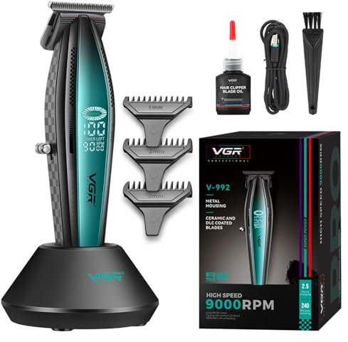 VGR 992 Cortapelos profesional para hombres, cortapelos inalámbrico versátil para barba, hoja en T, carcasa de metal, 9000 rpm, 240 minutos de tiempo de funcionamiento