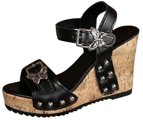 Allbestop Sandales Femme Été, Plates Élastiques en Paille de Pêcheur pour Femmes Chaussure Talon Compensé Chaussons Été Mules Pied Nu Sandale et Tongs Chaussures Compensées(Le noir,42)