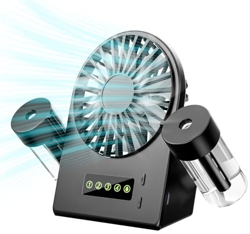 JIZZU USB Desk Fan with 2 Sprayers, Desktop Personal Fan with 4 Speeds Adjustable Wind, USB Small Fans with LED Display, Mini Portable Cooling Table Desktop Fans Rechargeable for Home, Office(Black)