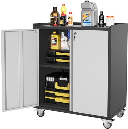CuisinSmart 90 cm hoher Garagenschrank mit Rollen, Verriegelungsstahl-Werkzeugtruhe mit Griff, Metall-Aufbewahrungsschrank mit 1 Ablagen, Hellgrau und Dunkelgrau