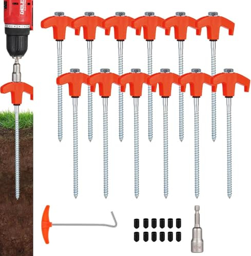 Paquete de 12 estacas de rosca para tienda de campaña resistentes, anclajes de suelo de 8 pulgadas atornillados, estacas de metal con destornillador de cabeza hexagonal, accesorios para tienda de