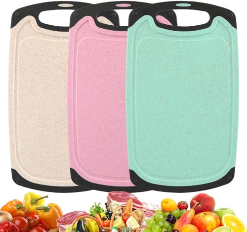 VIBINHO 3 Pièces Planche à Découper Écologique, Set de Planches en Paille de Blé, Anti-Bactérienne et Anti-Dérapante, Cutting Board Durable, Idée pour Cuisine (Vert, Rose, Beige)