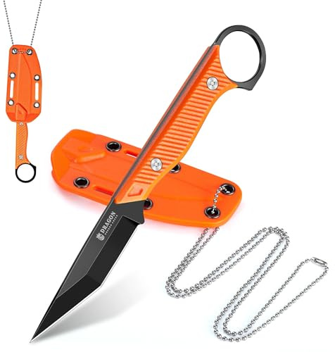 Dragon Creek Neck Knife Tanto Klinge Kydex Scheide Orange | Kompaktes feststehendes Messer mit Full Tang Aufbau, geeignet für Outdoor Aktivitäten