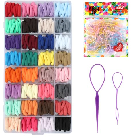 520 stycken hårsnoddar för flickor, 32 färger, små hårsnoddar, mjuka Loom band, set med 2 hårstylingverktyg, gummiband och låda, barnhårband för flickor, tjockt, slätt, lockigt hår