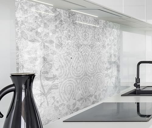 timalo Küchenrückwand Glasoptik | 100 x 50 cm Graue Vintage Shabby Wand Patchwork Beton | Acryl Glas 2mm | Spritzschutz Wand für Herd, Küche Glasrückwand Acrylglas Wandpaneele Rückwandschutz Platte