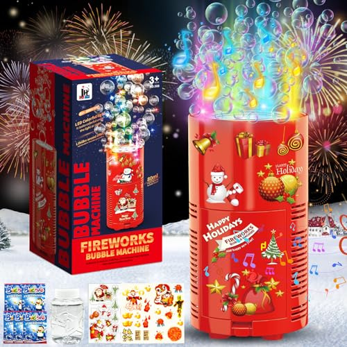 CYJJYZ Máquina de Burbujas de Fuegos Artificiales,Maquina Pompas Jabon Automatica,con 130ml Solución de Burbujas,Sticker,Luces,Sonido,Máquina de Burbujas Fuegos Artificiales para Navidad,Fiesta,Bodas