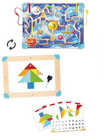 Hape Labyrinth- & Tangram-Tafel „Weltraum” - magnetisches Labyrinth für Kinder, Motorikspielzeug und Denkspiel für Kinder, Lernspielzeug aus Holz, Konzentration und Logik fördern, ab 18 Monaten