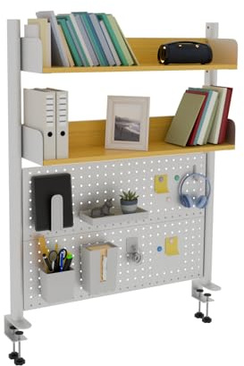 Boltmol Clamp-on 2-Tier Desk Shelf,Beige 80CM, Desktop Organizer With Pegboard, Countertop Storage Bookcase For Home, Office Or Dorm