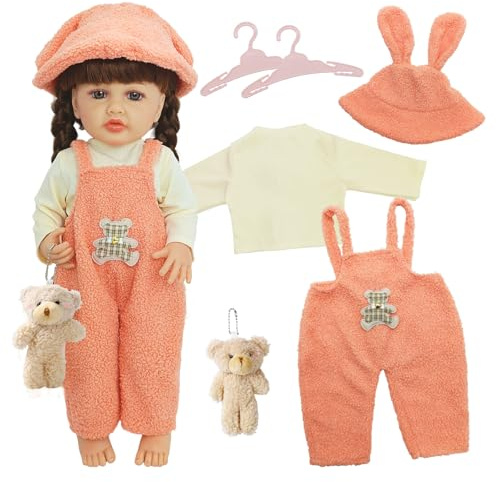 Zouonou Puppenkleidung für 20-22 Zoll Puppen, 6-teiliges Outfit mit Oberteil + Latzhose + Hüte + 2 Kleiderbügel + Plüschanhänger, Orange Bären-Thema Babypuppe Kleidung (Ohne Puppe)