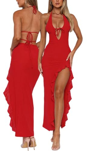 AOWVUTS Robe de Soiré Sexy Femme Robes Longue sans Manches Col en V Profond Maxi Robe Moulante Dos Nu Bodycon Élégante Robes à Volants avec Fendue pour Clubbing Nuit Cocktail Fête Bal de Promo