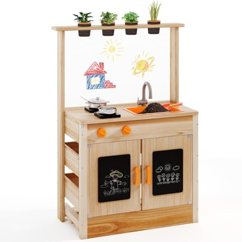Maxmass Kids Mud Kitchen, Outdoor Fir Wood Children Potting Bench Table with 4 Planting Pots, Removable Sink, Chalkboards, Accessories, Garden Toddler Role Play Kitchen Toy for 3+ Years Old