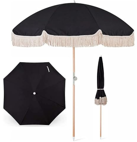 Ombrellone da Giardino da 180 Cm con Nappe, Ombrellone da Spiaggia Boho Inclinabile con Borsa di Trasporto, Palo in Legno, per Giardini, Patii, Piscine