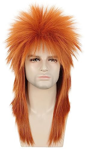karlery Herren Damen Lang Gerade Orange 70er 80er Jahre Perücke | Rocker Perücke Männer Disco Vokuhila Mullet Perücke