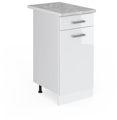 Vicco Küchenunterschrank R-Line, Weiß Hochglanz, 40 cm | 1 Schublade · AP Marmor inkl. · Höhenverstellbare Füße · ✓ Leichter Zugriff · ✓ Frei kombinierbar