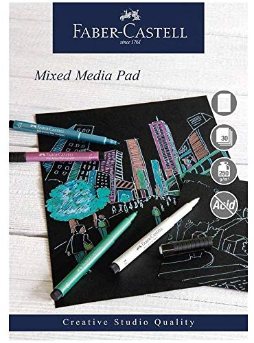 Faber-Castell Creative Studio - Bloc de medios mixtos, A3, papel encuadernado en espiral (negro), 250 g/m², 30 hojas, todos los medios, acrílico, pintura de acuarela, lápices, pastel, carbón, grafito,