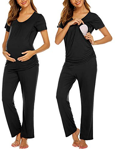 Ekouaer Women's Maternity Nursing Pajamas Cotton Sleepwear Set Soft Pregnancy Breastfeeding PJ Set Black M