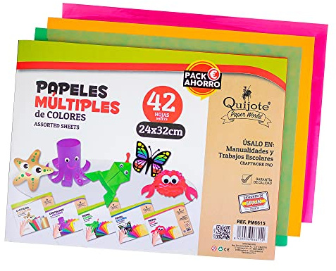 BLOC PAPEL SURTIDO QUIJOTE PAPER WORLD - Papeles múltiples, 24x32cm, cartulinas, charol, seda, celofán, cartulinas metalizadas, para hacer manualidades y scrapbooking - 42 Hojas