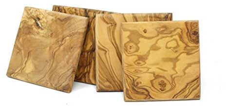 Benera Untersetzer für Gläser Bierdeckel eckig aus Olivenholz im 4er Set 8,5 x 8,5 cm Für Becher und Tassen