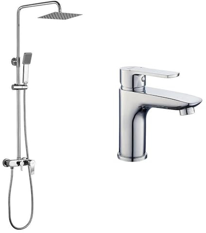 Kibath Conjunto Columna de ducha monomando más grifo de lavabo NAD, Tubo Extensible regulable en Altura de 80 a 120 cm. Frabricado en latón acabado cromo Brillo.