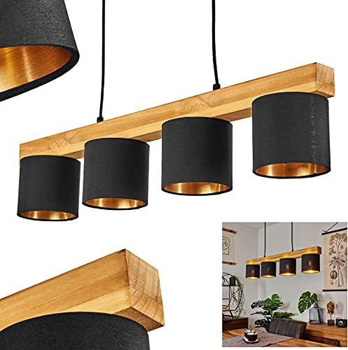 HOFSTEIN Pendelleuchte Malimea, 4-flammige Hängelampe aus Metall/Holz/Stoff in Schwarz/Natur/Kupferfarben, Hängeleuchte m. Holzbalken und Stoff-Schirmen, Höhe max. 135 cm, 4 x E14
