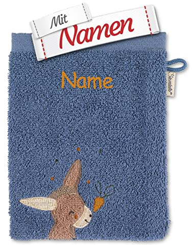 Sterntaler Waschhandschuh Esel Emmilius, bestickt mit Namen, personalisierbar, Geschenk zur Geburt, Taufe, Weihnachten, Ostern, für Baby & Kinder, Blau, Modell 7202106