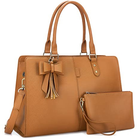 ECOSUSI Handtasche Damen Laptoptasche 15,6 Zoll Shopper Groß Henkeltasche Aktentasche Damen Leder Schultertasche Businesstasche 2-teiliges Set (Braun)