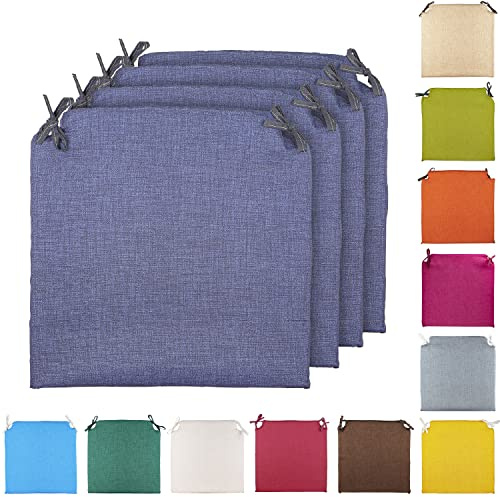 TIENDA EURASIA® Pack 4 Cojines para Sillas - Estampados Lisos con 2 Cintas de Sujeción - Ideal para Interiores y Exteriores - 40 x 40 x 3 cm (Azul)