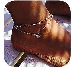 Chaioe Double Anklet Silver Heart Ankle Bracelets Layered Love Beads Foot Chain Jewelry for Women and Girls
