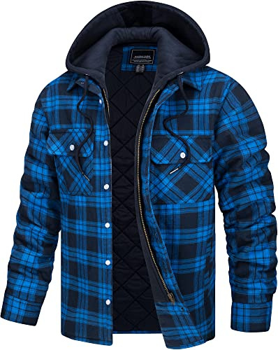 TACVASEN Herren Kariert Hemdjacke Gefüttert Holzfällerhemd Flanellhemd Übergangsjacke Freizeithemden mit Abtrennbare Kapuze
