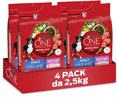 Purina One Medium Maxi > 10 kg krokett för vuxna hundar, lammrik, 4 förpackningar om 2,5 kg
