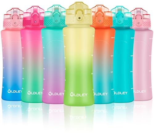 OLDLEY 450ml/15oz Water Bottle with Straw Reusable Drink Bottles with Times Markings for School Home Camping Outdoor Sports BPA Free Leakproof Durable
