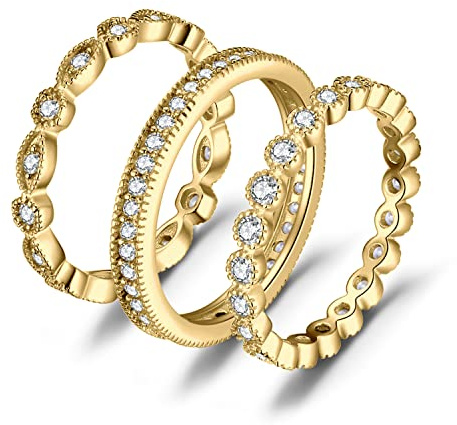 JewelryPalace Ewigkeitsring 3 Stapelringe Eheringe Ring Silber 925 Damen, Zirkonia Silberringe Trauringe Damenring Vorsteckring Gelb Gold Hochzeitsringe Antragsring Memoirering Ringe Set Schmuck 54