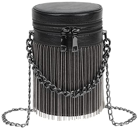 MEGAUK Mini Niet Handtasche Kette Fransen Umhängetasche Cross Body Taschen Elegante Kettentasche Punk Clutch Bag Abendtasche mit Kette Riemen Metall Schultergurt