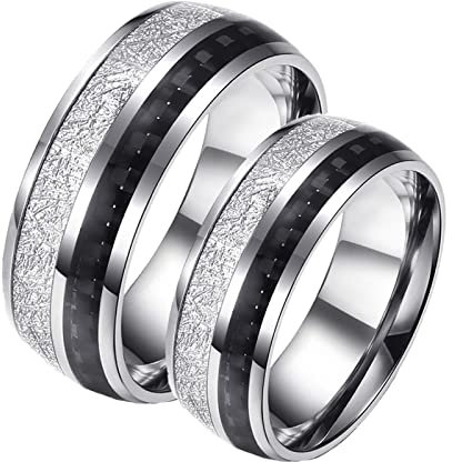 BCughia Paar Ringe für Sie und Ihn, Vorsteckring Silber Edelstahl 8 mm Silberringeinlage aus Schwarzer Karbonfaser Damengröße 57(18.1), Herrengröße 60(19.1)