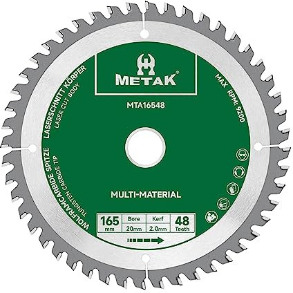 METAK HM - Lama per sega circolare 165 x 20 mm, 48 denti per alluminio, multi-materiale, 165 x 48, ideale per legno, laminato, MDF, plastica e rame, compatibile con Metabo, Bosch e molte altre marche