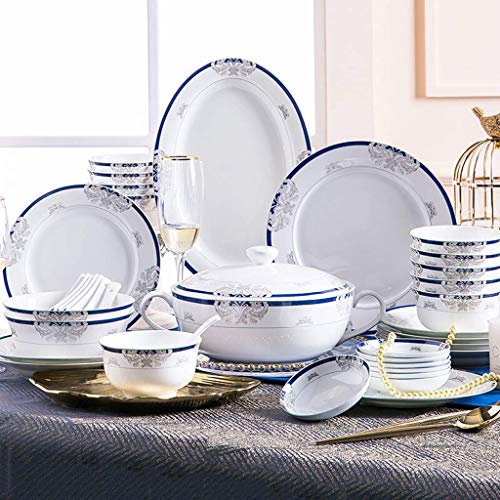 de Cena,vajilla de cerámica,vajilla con Borde Azul | Plato/tazón/Olla sopera - Juego Combinado de Porcelana de 46 Piezas