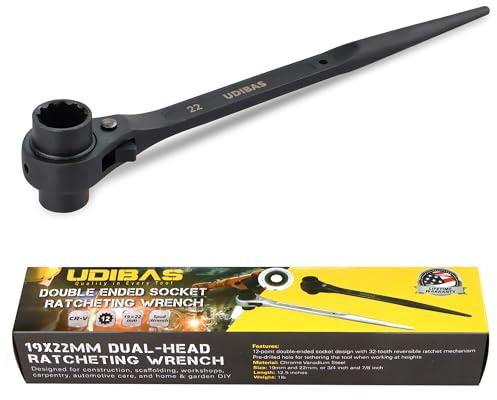 Udibas Reversible Ratcheting Wrench,19mm×22mm (or 3/4 x 7/8) Professional Grade 12 Point Double Ended Socket Ratcheting Podger Scaffold Spud Wrench,Black